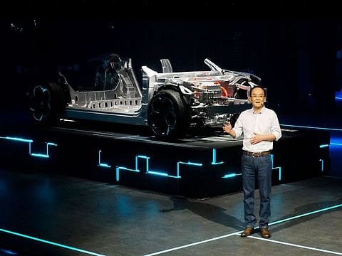 An Conghui, president of Zhejiang Geely Holding Group, presenting the new EV architecture in Beijing ahead of the 2020 Beijing International Automotive Exhibition