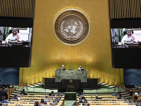 In this photo provided by the United Nations, the pre-recorded message of King Salman Bin Abdulaziz Al-Saud, King of Saudi Arabia, President of the Council of Ministers of Saudi Arabia, is played during the 75th session of the United Nations General Assembly, Wednesday Sept. 23, 2020, at U.N. headquarters, in New York
