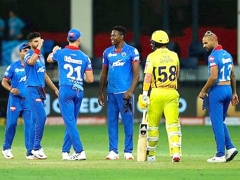 Delhi Capitals celebrating a creditable win against Chennai Super Kings in their last game at the Dubai International Cricket Stadium.