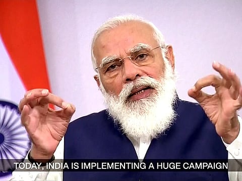 Prime Minister Narendra Modi addresses the United Nations General Assembly (UNGA), via video conferencing in New Delhi on Saturday.