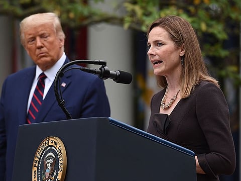 Judge Amy Coney Barrett speaks after being nominated to the US Supreme Court by President Donald Trump in the Rose Garden of the White House in Washington, DC.