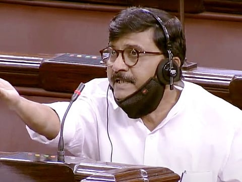 Shiv Sena MP Sanjay Raut speaks during the Monsoon Session of Parliament inside Rajya Sabha, in New Delhi on Sunday.