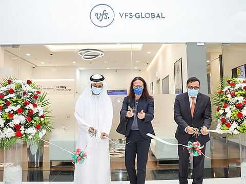 Saleh Al Akrabi, Chief Executive Officer, Dubai International Financial Centre, Valentina Setta, Consul General of Italy in Dubai, and Zubin Karkaria, Chief Executive Officer, VFS Global at the inaugural ceremony Italian visa centre in Dubai.