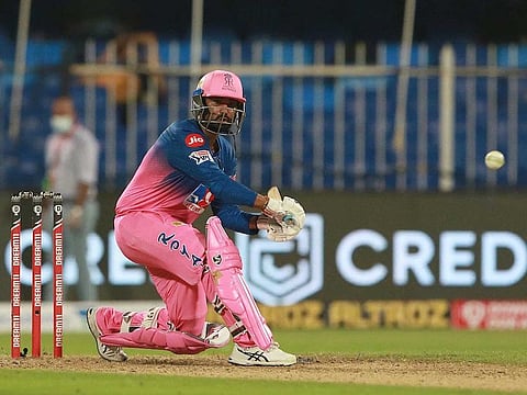 Rahul Tewatia of Rajasthan Royals plays a shot against King XI Punjab in IPL 2020 at the Sharjah Cricket Stadium in the UAE on September 27, 2020