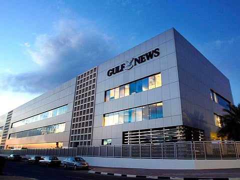 The main facade of the Gulf News Building in Dubai, UAE.