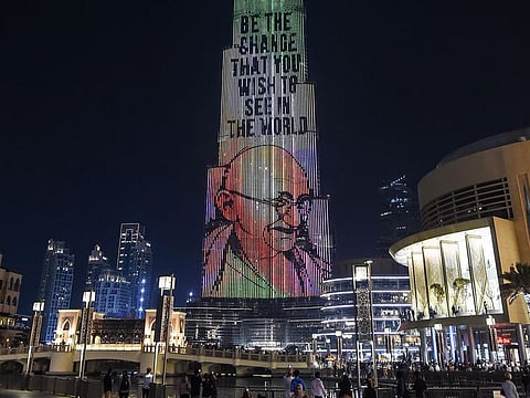 Mahatma Gandhi's image is projected on the Burj Khalifa on October 2 last year.