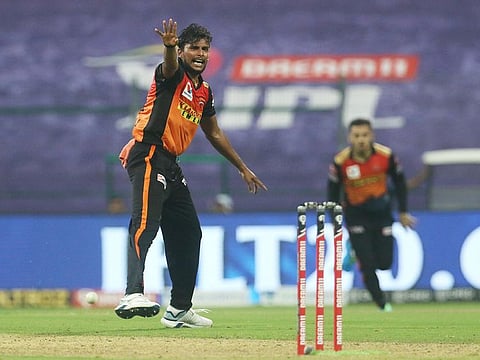 T. Natarajan of Sunrisers Hyderabad celebrates the wicket of Marcus Stoinis of Delhi Capitals. The left-arm seamer’s yorkers have been a feature of Hyderabad’s bowling in the slog overs.