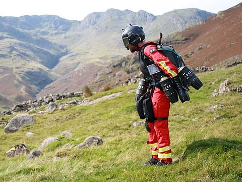 Gravity Industries founder and pilot Richard Browning taking part in a test flight of his jet-powered suit at Langdale pikes in the Lake District.