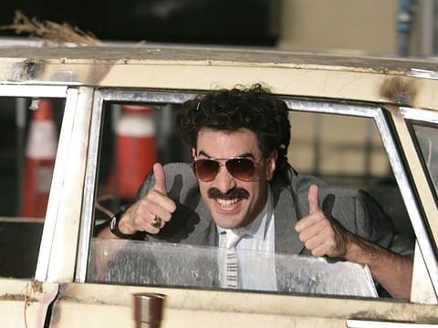 In this Monday, Oct. 23, 2006, file photo, actor Sacha Baron Cohen arrives in character as Borat for the film premiere of "Borat: Cultural Learnings of America for Make Benefit Glorious Nation of Kazakhstan," in the Hollywood section of Los Angeles.