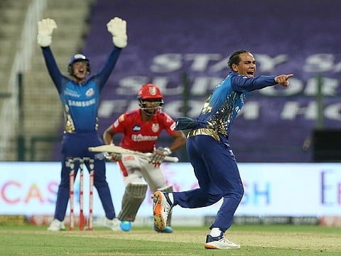 Rahul Chahar of Mumbai Indians appeals unsuccessfully during their match against Kings XI Punjab on Thursday.