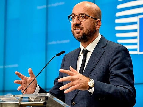 European Council President Charles Michel speaks during a press conference at an EU summit at the European Council building in Brussels, Friday, Oct. 2, 2020.