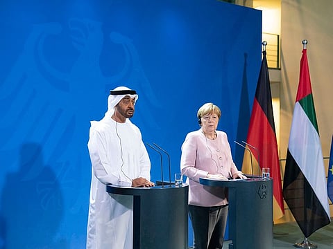 His Highness Shaikh Mohammad Bin Zayed Al Nahyan, Crown Prince of Abu Dhabi and Deputy Supreme Commander of the UAE Armed Forces, addresses a joint session with Angela Merkel, Chancellor of Germany, prior to a dinner reception at the Chancellor’s office in Berlin in June 2019