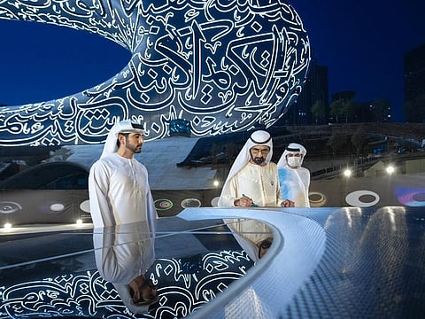 His Highness Sheikh Mohammed Bin Rashid Al Maktoum, Vice-President and Prime Minister of the UAE and Ruler of Dubai shared pictures on Twitter as he witnessed the final piece being attached to the Museum of the Future