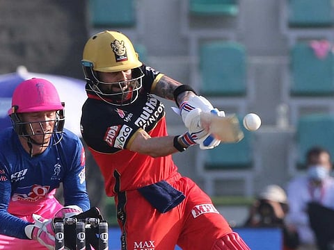 Virat Kohli of Royal Challengers Bangalore plays a pull shot against Rajasthan Royals in Match 15 of IPL 2020 at the Sheikh Zayed Cricket Stadium in Abu Dhabi on October 3, 2020.
