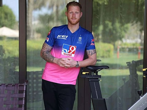 Ben Stokes, the star England allrounder, poses in his hotel room in Dubai. He is now on a six-day quarantine.
