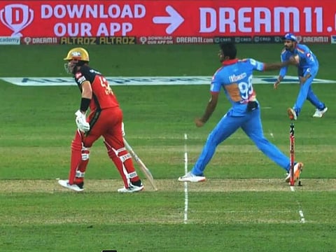 Aaraon Finch of Royal Challengers Bangalore leaves the crease before Ravichandran Ashwin of Delhi Capitals delivers a ball in Match 19 of the IPL 2020 at the Dubai International Cricket Stadium on October 5, 2020.