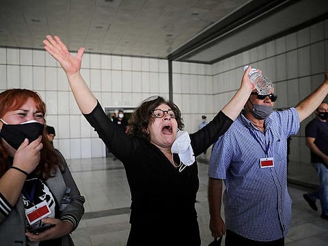 Magda Fyssa mother of anti-racist Greek rapper Pavlos Fyssas, who was killed in 2013 by Golden Dawn supporter Giorgos Roupakias, reacts after a trial of leaders and members of the far-right Golden Dawn party, in Athens, Greece, October 7, 2020.