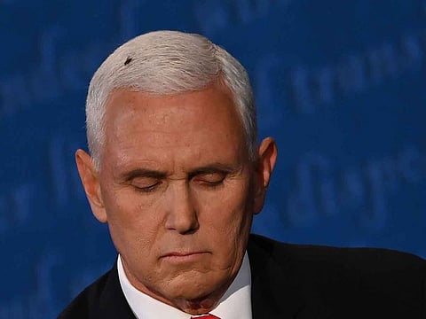 A fly rests on the head of US Vice President Mike Pence.