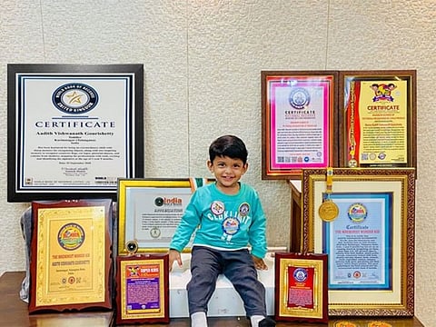 Aadith has bagged 5 Records-- World Book of Records, India Book of Records, Telugu Book of Records, and two more National Records for his memory skills.