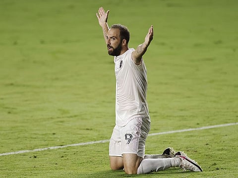Gonzalo Higuain celebrates scoring for Inter Miami