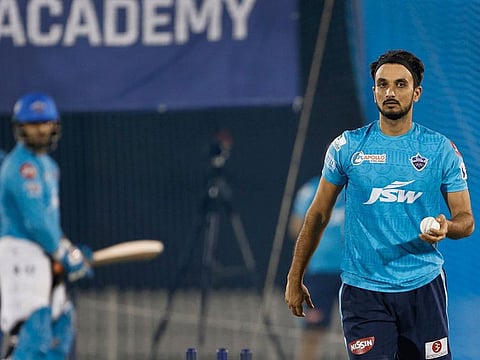 Harshal Patel, the Delhi Capitals allrounder, at their practice session at ICC Academy.