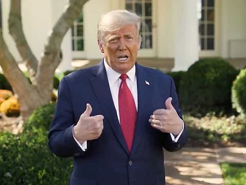 US President Donald Trump makes an announcement about his treatment for coronavirus disease (COVID-19), in Washington, US, in this still image taken from video, October 7, 2020.