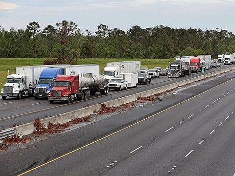 Traffic is pictured along I-10 west as residents evacuate ahead of Hurricane Delta in Lake Charles, Louisiana, U.S., October 8, 2020.