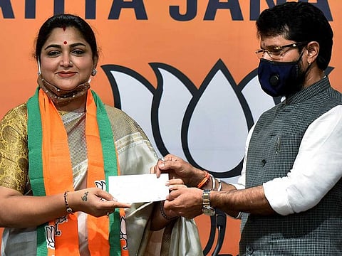 Actor-turned-politician Khushboo joins BJP in the presence of Tamil Nadu state BJP President L Murugan and BJP National Gen Sec CT Ravi at BJP headquarters, in New Delhi on Monday.