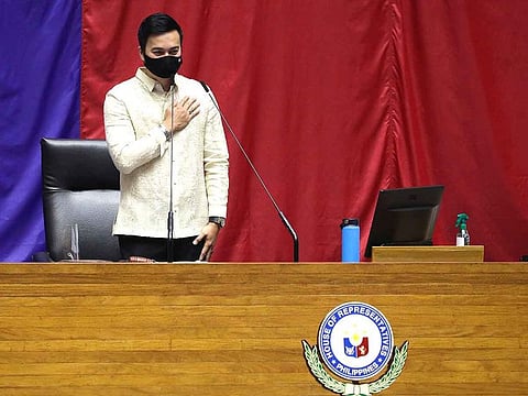 New House Speaker Lord Allan Velasco gestures during his first day at the House of Representatives in Quezon city, Philippines.