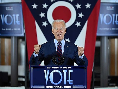 Democratic Presidential candidate and former Vice President Joe Biden delivers remarks at a voter mobilization event in Cincinnati, Ohio, on October 12, 2020.