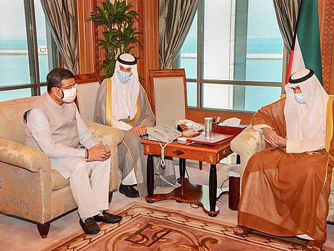 Indian Union Petroleum Minister Dharmendra Pradhan with Emir of Kuwait Sheikh Nawaf Al Jaber Al Sabah, during a meeting, in Kuwait.