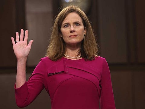 Supreme Court nominee Judge Amy Coney Barrett is sworn into her Senate Judiciary Committee confirmation hearing on Capitol Hill on October 12, 2020 in Washington, DC.