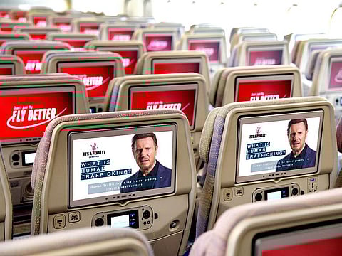 Emirates airline is playing a video on the highlight the issue of human trafficking. The video features Hollywood Hollywood actor Liam Neeson.