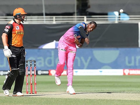 Jofra Archer of the Rajasthan Royals bowls against the Sunrisers Hyderabad in IPL 2020 at the Dubai International Stadium on October 11, 2020.