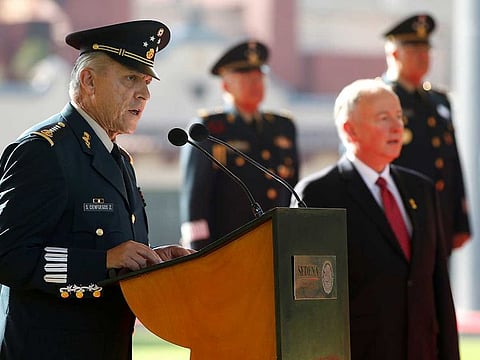 Mexico's General Salvador Cienfuegos Zepeda speaks during an official reception in Mexico City April 24, 2014. Cienfuegos was detained in Los Angeles over drugs on Thursday, October 15, 2020.