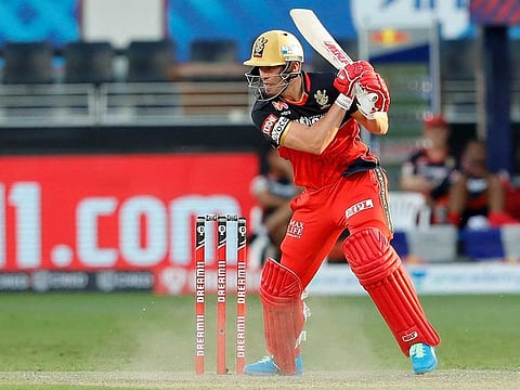 AB de Villiers of the Royal Challengers Bangalore square cuts against the Rajasthan Royals in the IPL 2020 game at the Dubai International Cricket Stadium on October 17, 2020.