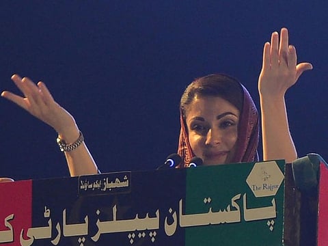 Maryam Nawaz Sharif, daughter of former Prime Minister of Pakistan Nawaz Sharif, gestures while speaks during the public rally of newly-formed Pakistan Democratic Movement (PDM), an opposition alliance of 11 parties, in Karachi on October 18, 2020.