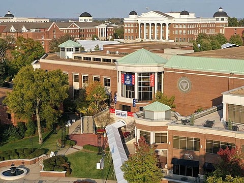 An aerial drone view shows the Curb Event Center on the Belmont University campus on October 20, 2020 in Nashville, Tennessee. Nashville is hosting the presidential debate at Belmont on Thursday.