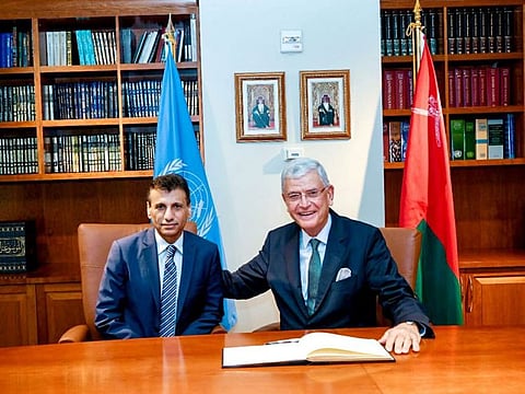 Dr. Mohammed bin Awad Al Hassan (left), the Sultanate’s permanent representative to the UN, in New York, with Volkan Bozkir, President of the United Nations General Assembly.