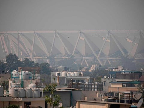 A general view shows the Jawaharlal Nehru Stadium under heavy smog conditions in New Delhi on October 23, 2020.