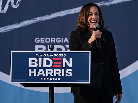 Democratic Vice Presidential nominee Kamala Harris speaks at a "Get Out The Vote" rally at Morehouse College on October 23, 2020, in Atlanta, Georgia.