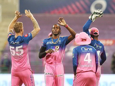 Rajasthan Royals players celebrate the wicket of Quinton de Kock during their surprise win over Mumbai Indians.