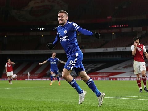 Leicester City's Jamie Vardy celebrates scoring.