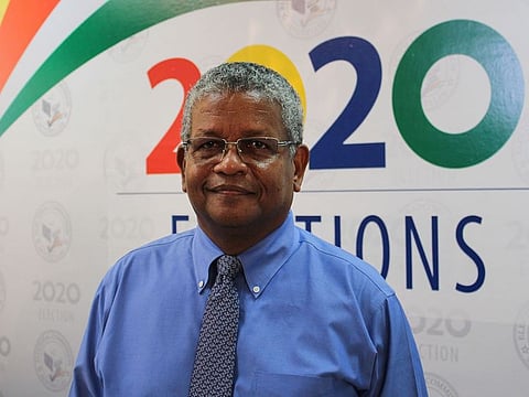 Seychelles newly elected President Wavel Ramkalawan, poses for a photo after the just concluded presidential and legislative elections in Victoria, Seychelles on October 25,2020.