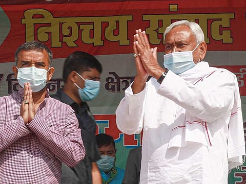 Bihar Chief Minister Nitish Kumar during an election meeting, in Nalanda district, Tuesday, Oct. 27, 2020.