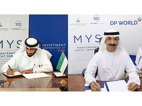 Sultan Bin Sulayem, Chairman and CEO of DP World, and Mohammed Al Shaibani, Chairman of Adriatic Marinas, sign off on new project for Drydocks World.