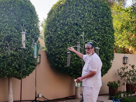 Hussain Nalwala in his garden setting up food in birds feeder. Hundreds of birds visit his villa every day to feed.