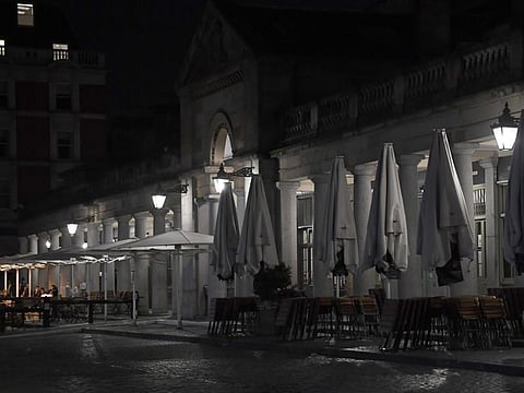 Almost empty pub area in Covent Garden in central London, Saturday, Oct. 31, 2020