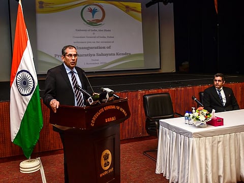 India's Ambassador to the UAE Pavan Kapoor (left) and Dr Aman Puri, Consul General of India in Dubai addressing the media after inaugurating the Pravasi Bhartiya Sahayata Kendra at the consulate in Dubai on Sunday.