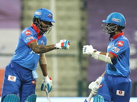 Ajinkya Rahane (right) and Shikhar Dhawan during their valuable chase for Delhi Capitals on Monday.